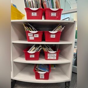 Book bins of children’s books for a classroom library.